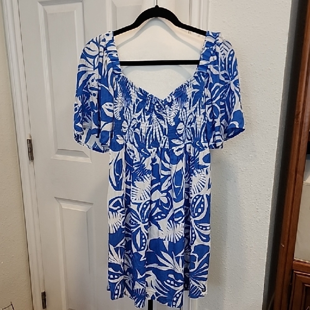Roxy Blue & White Floral Square-Neck Dress. Sz S